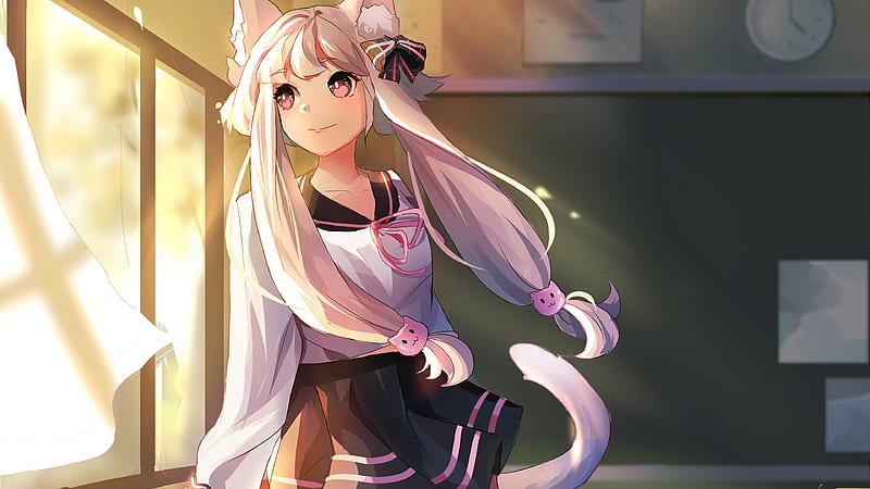 anime school girl, white hair, twintails, classroom, animal ears, curtains, Anime, HD wallpaper