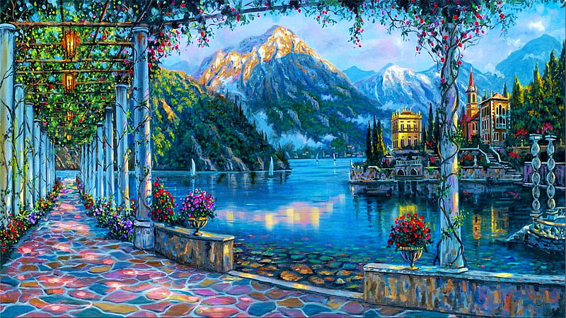 Gardens of Varenna, pillars, boats, mountains, houses, painting, flowers, artwork, lake, HD wallpaper