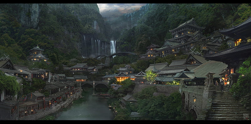 Japanese Village, mountain, waterfall, village, evening, HD wallpaper