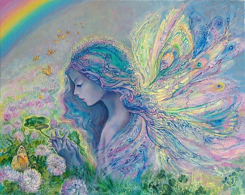 Fairy, art, wings, luminos, yellow, rainbow, dandelion, fantasy, butterfly, girl, green, summer, flower, pink, blue, HD wallpaper