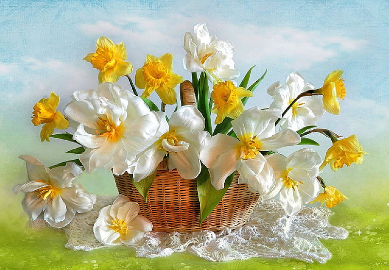 Spring Flowers, bouquet, daffodils, basket, blossoms, petals, HD wallpaper