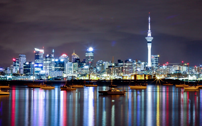 Auckland evening, night, New Zealand, skyscrapers, city lights, Sky Tower, HD wallpaper