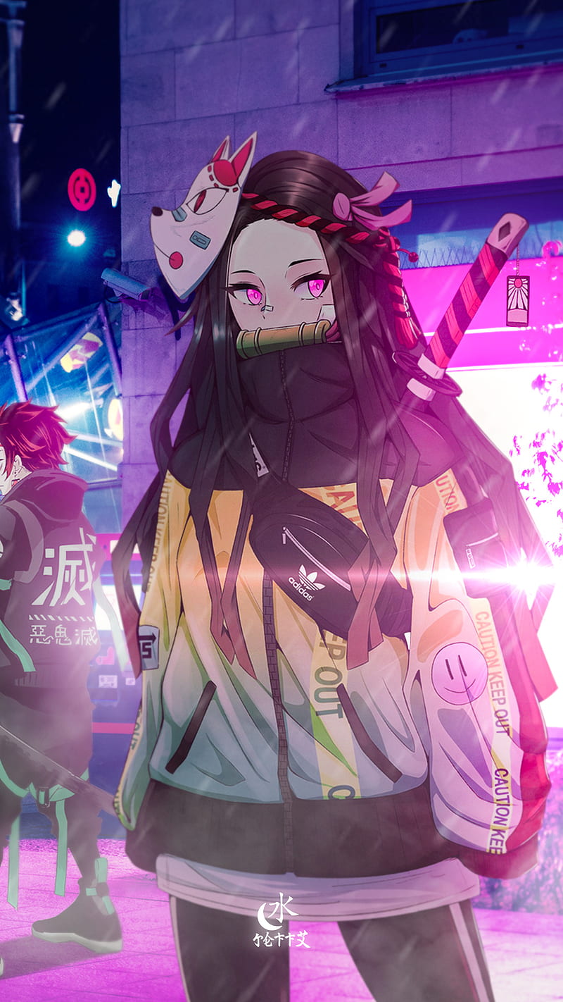 KAMADO NEZUKO, urban, city, demon slayer, wings, luzes, purple, tanjirou, girl, HD phone wallpaper