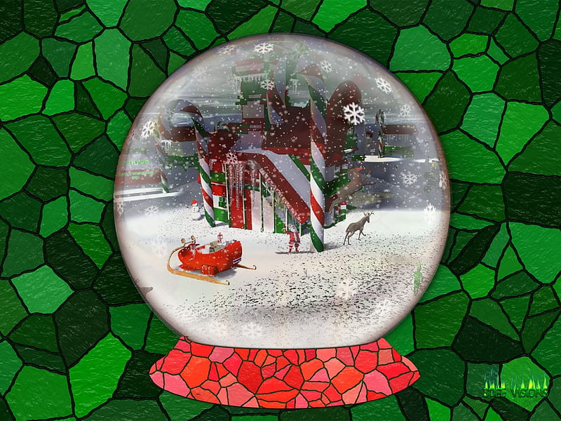 Christmas Snowglobe 004b, wreath, rudolf, xmas, decorations, reindeer, globe, christmas, stained glass, glass, tree, snowflake, santa, snow, ice, northpole, snowglobe, rudolph, HD wallpaper