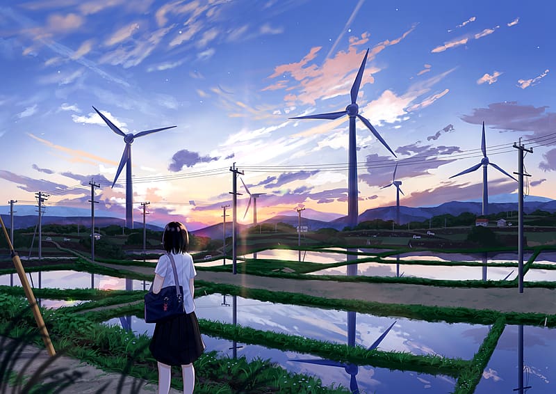 Anime, Sunset, Wind Turbine, HD wallpaper