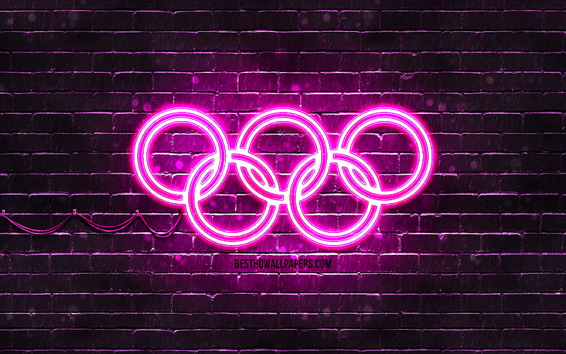 Purple Olympic Rings purple brickwall, Olympic rings sign, olympic symbols, Neon Olympic rings, Olympic rings, HD wallpaper