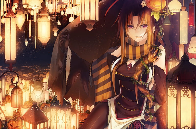 Long-haired female anime character digital wallpaper, Halloween