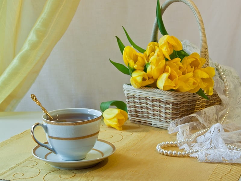 Still Life, with love, pretty, yellow tulip, yellow, bonito, cup of tea, tea, flowers, beauty, pearls, tulips, for you, tulip, lovely, romantic, romance, spring, yellow tulips, bouquet, basket, cup, nature, HD wallpaper