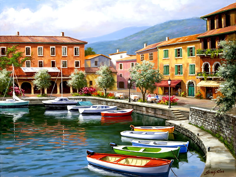 Over there cafe, art, cafe, Sung Kim, town, Italy, lake, boats, serenity, vilalge, peaceful, painting, harbor, HD wallpaper