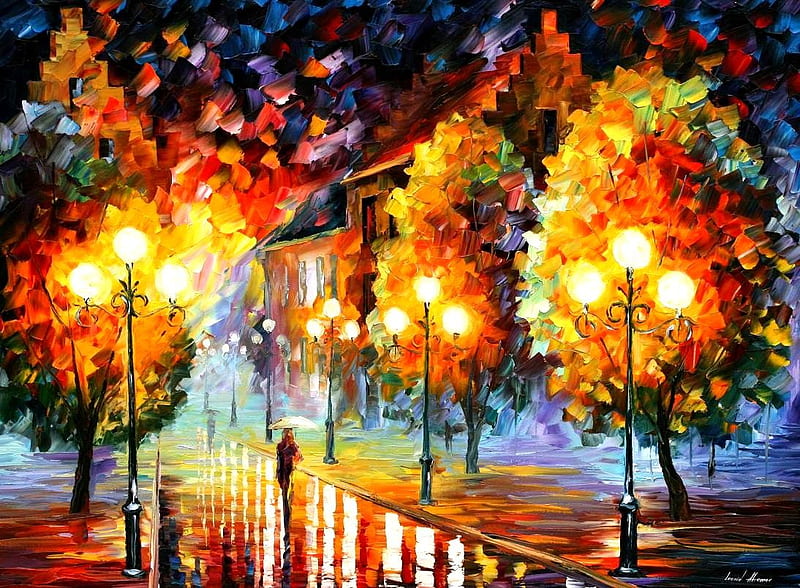 Alone, pretty, fall, wet, autumn, houses, umbrella, bonito, trees, rainy, lights, quite, solo, peaceful, streets, colours, HD wallpaper