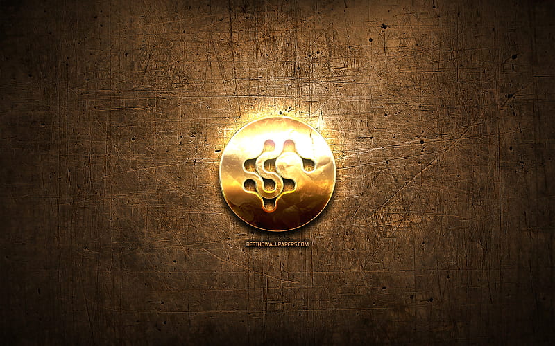 Synereo AMP golden logo, cryptocurrency, brown metal background, creative, Synereo AMP logo, cryptocurrency signs, Synereo AMP, HD wallpaper