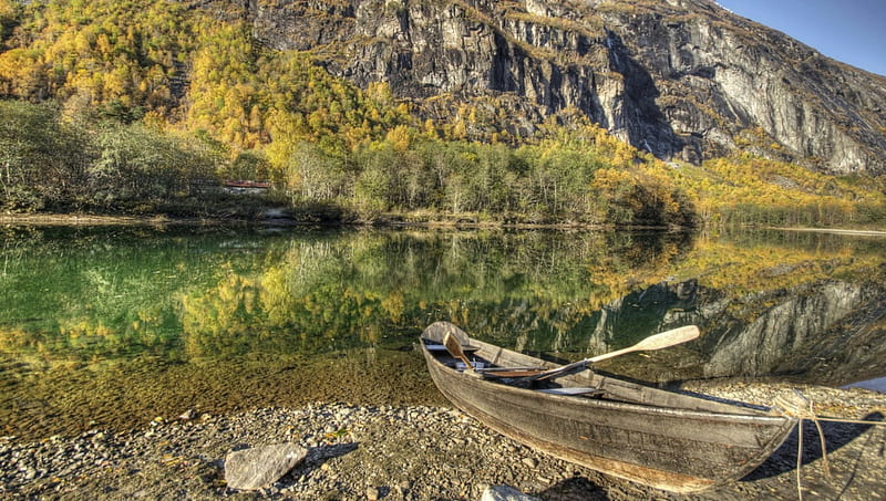 old wooden rowboat at a lake in norway, mountain, forest, boat, shoe, reflection, lake, HD wallpaper