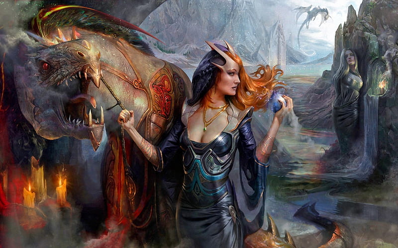 Age of Legends, fantasy, redhead, dark, magic, dragon, women, HD wallpaper