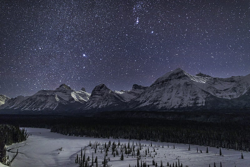 mountains, snow, winter, stars, night, sky, HD wallpaper