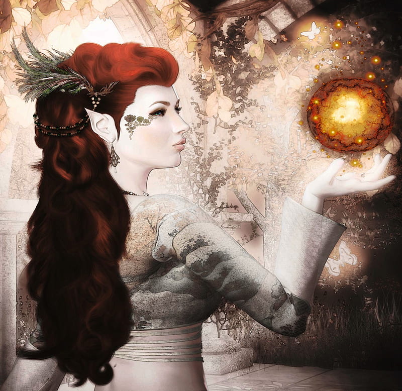 One Soft Breath, retro, gold ball, fantasy, art deco, butterflies, red hair, woman, HD wallpaper