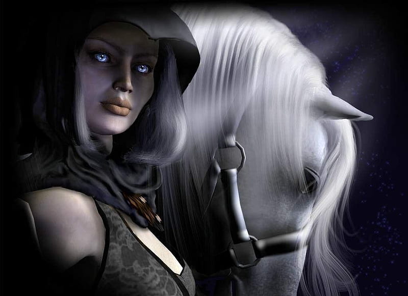 Her white horse, fantasy, 3d, warrior, cg, bonito, horse, abstract ...