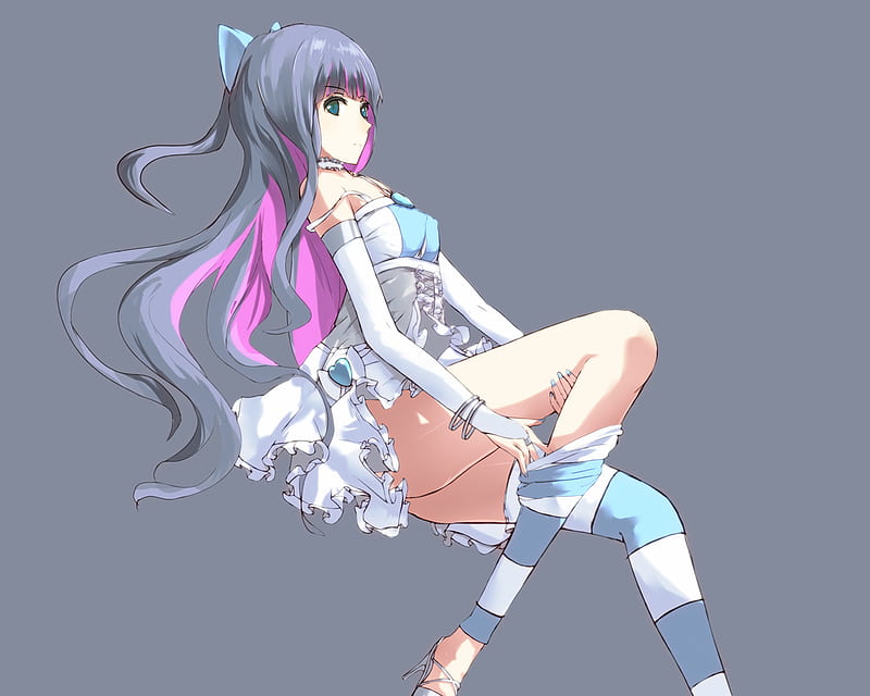 Stocking, pretty, dress, long hir, panty and stocking with garterbelt, gray, bonito, bow, sexy, cute, character, anime, HD wallpaper