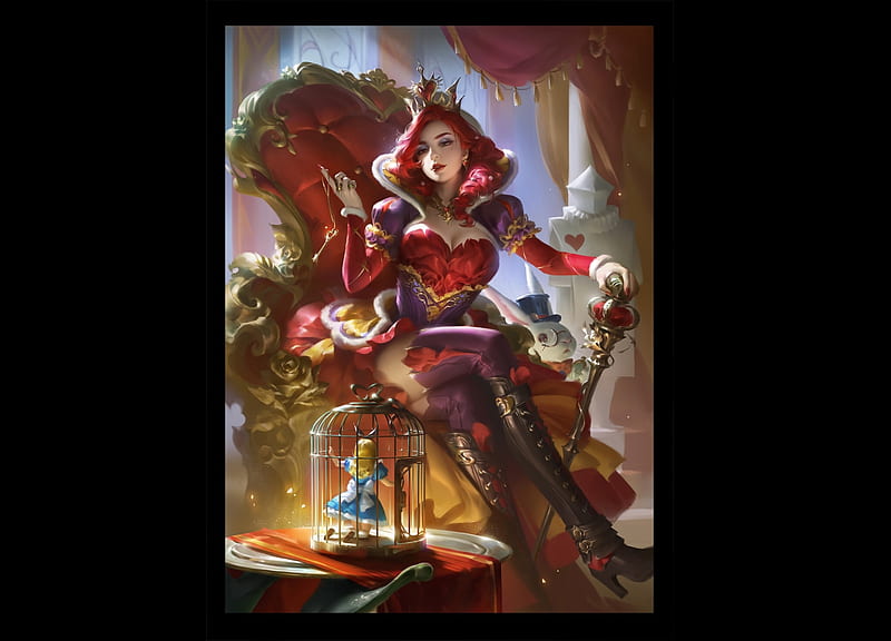 Red Queen by Yuanyuan Wang, yuanyuan wang, red, fantasy, girl, queen, black, HD wallpaper