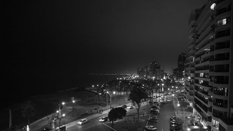 lima peru seaside on a dark night, city, black and white, seaside, lights, night, HD wallpaper