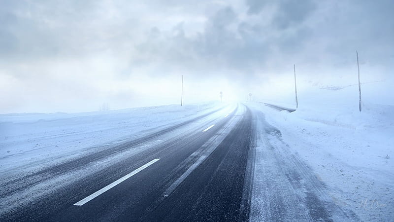 Road to Spring, sky, clouds, fog, winter, roadside, cold, highway, snow, road, HD wallpaper