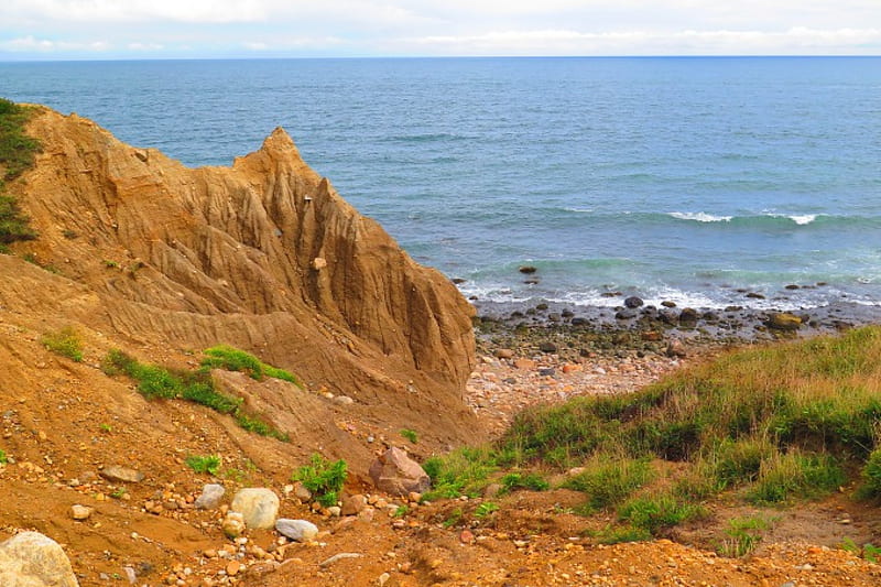 Cliff side, montauk, beach, R, new york, sand, cliffs, waves, HD wallpaper