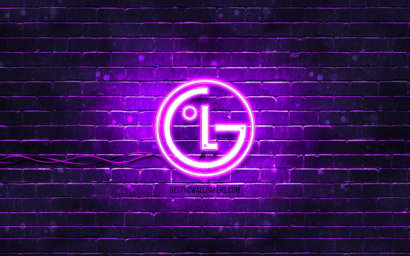 LG violet logo violet brickwall, LG logo, brands, LG neon logo, LG, HD wallpaper