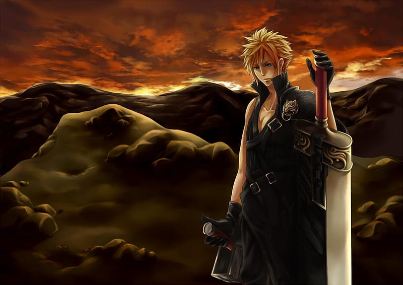 Cloud Strife, ff7, ffvii, games, final fantasy 7, video game, game, video games, final fantasy series, anime, final fantasy, sword, cloud, male, final fantasy vii, weapons, mountains, lone, solo, HD wallpaper