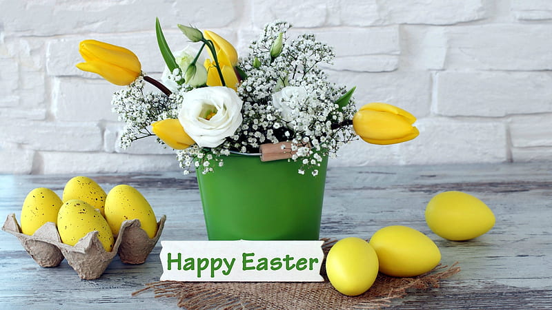 ~~ Happy Easter ~~, burlap, carton, bricks, baby breaths, Happy Easter, vase, roses, wall, pail, Easter, eggs, flowers, tulips, Spring, Easter Eggs, HD wallpaper