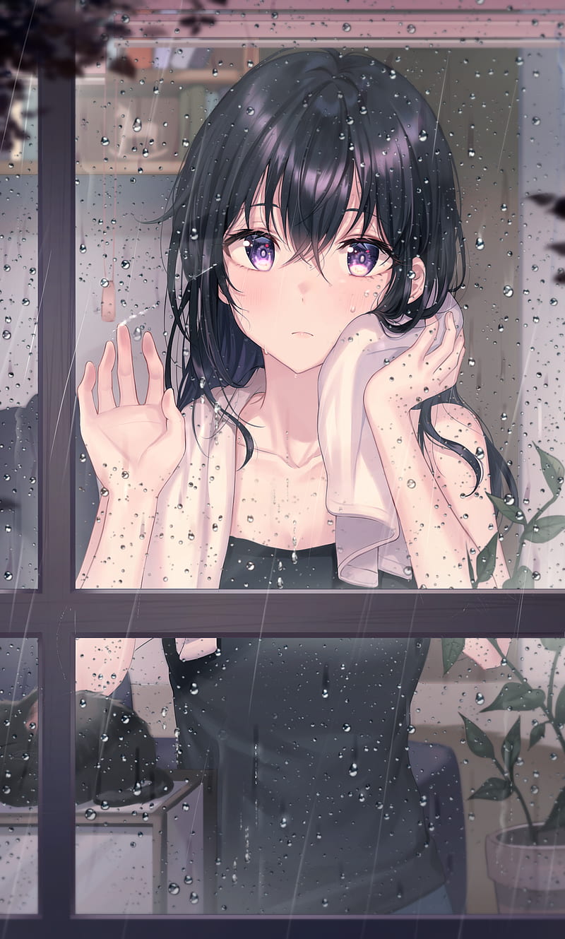 Anime, chicas anime, cabello corto, ventana, lluvia, ojos morados, rubor,  junto a la ventana, Fondo de pantalla de teléfono HD | Peakpx