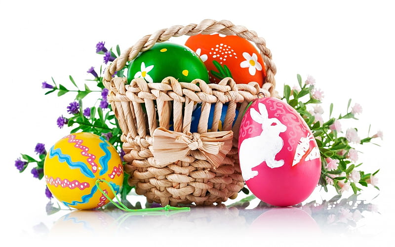 Easter basket, white background, painted eggs, Easter, spring, holidays, Easter eggs, HD wallpaper