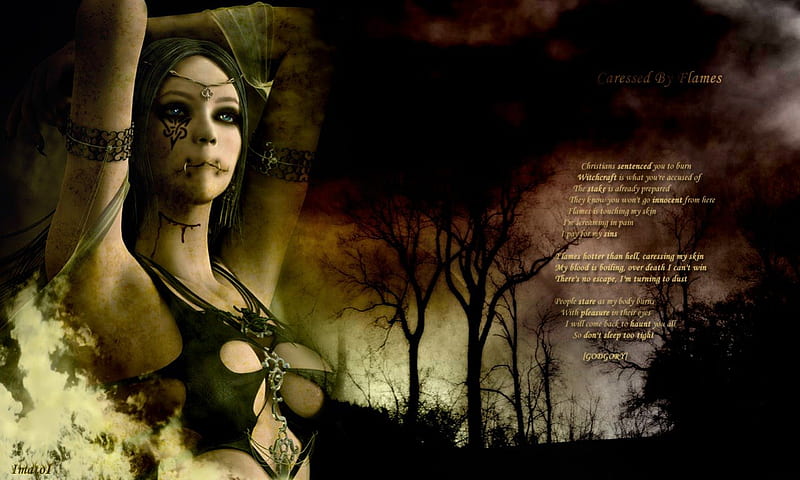 Caressed by Flames, cut, forest, pierced, witchcraft, woods, trees, woman, fire, flames, poem, HD wallpaper