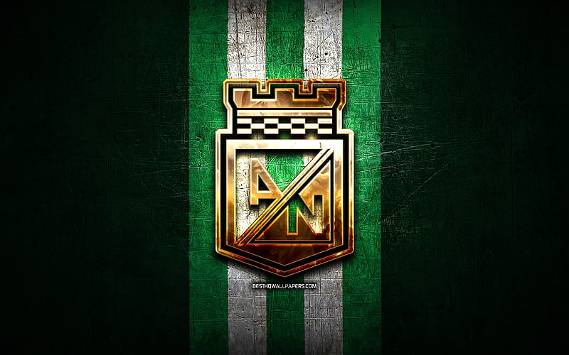 Atletico Nacional FC, golden logo, Categoria Primera A, green metal background, football, colombian football club, Atletico Nacional logo, soccer, Atletico Nacional, HD wallpaper
