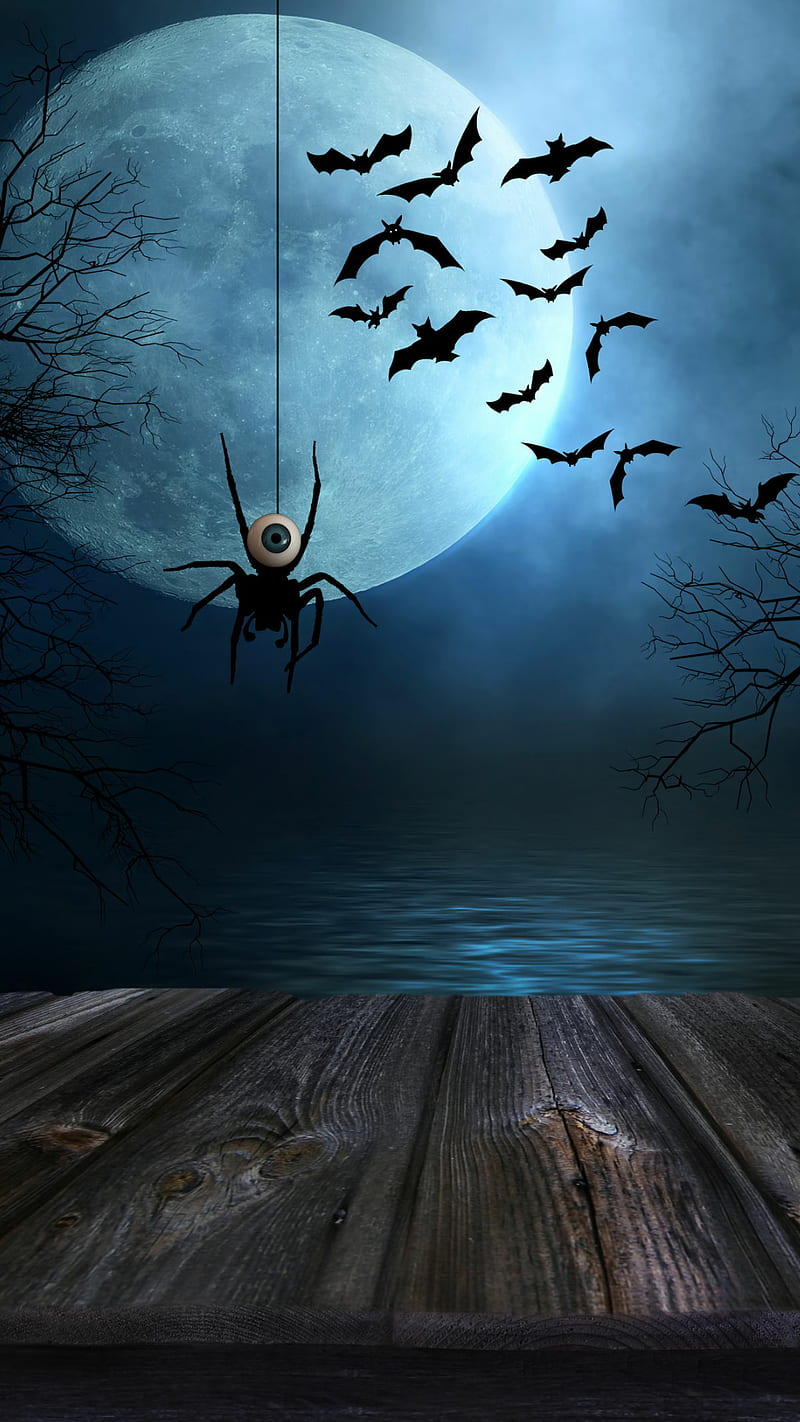 Halloween, bat, dark, eye, lake, moon, spider, tree, water, wood, HD phone  wallpaper | Peakpx