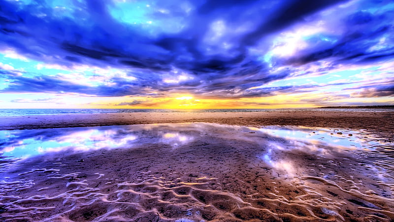 Beyond Expectation, sparkling, beach, sunrise, reflection, clouds, sky, ray, sea, HD wallpaper