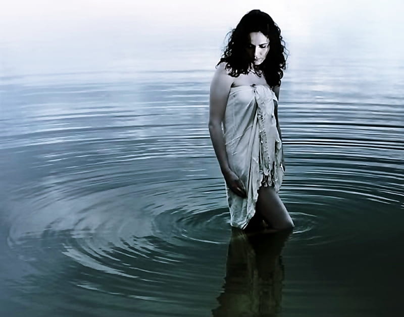 Sadness, emotions, sad, mysterious, dark haired, lady, blue, HD wallpaper