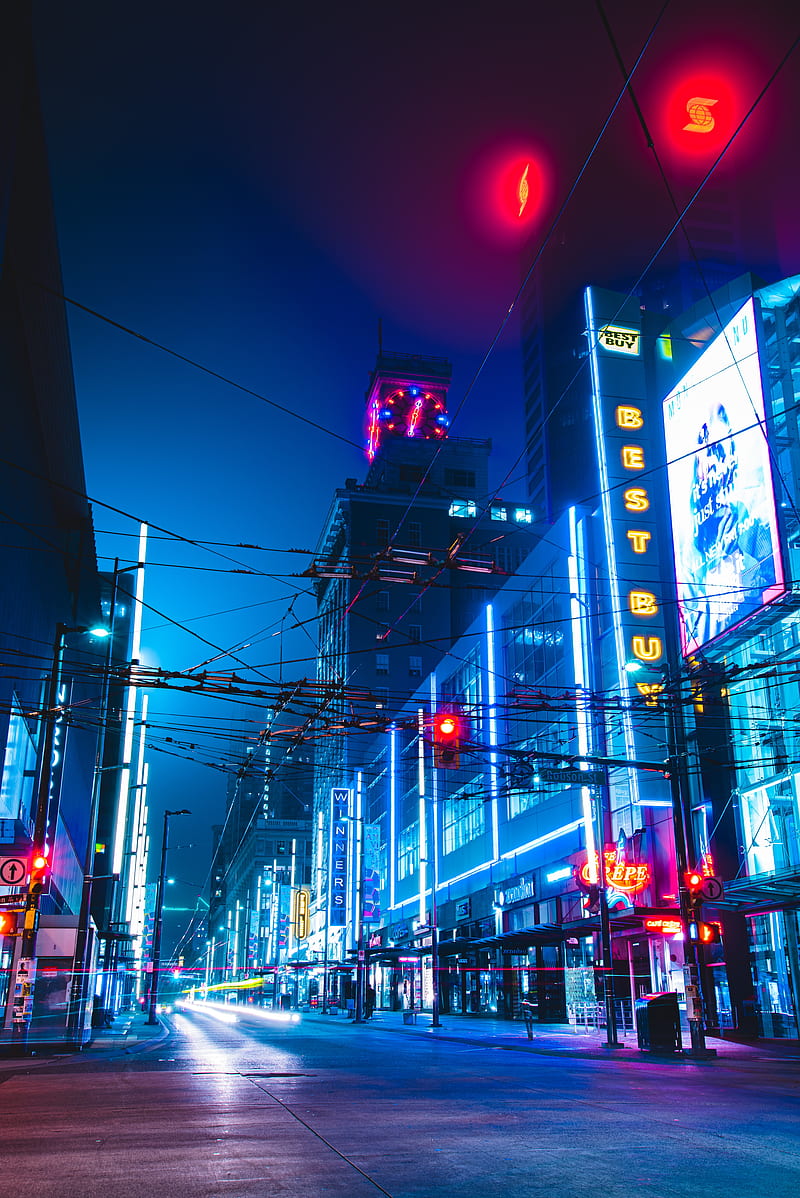 night city, neon, buildings, road, HD phone wallpaper