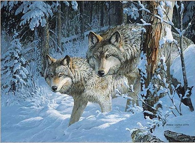 By Persis Clayton Weirs., art, persis clayton weirs, snow, painting, wolf, winter, HD wallpaper