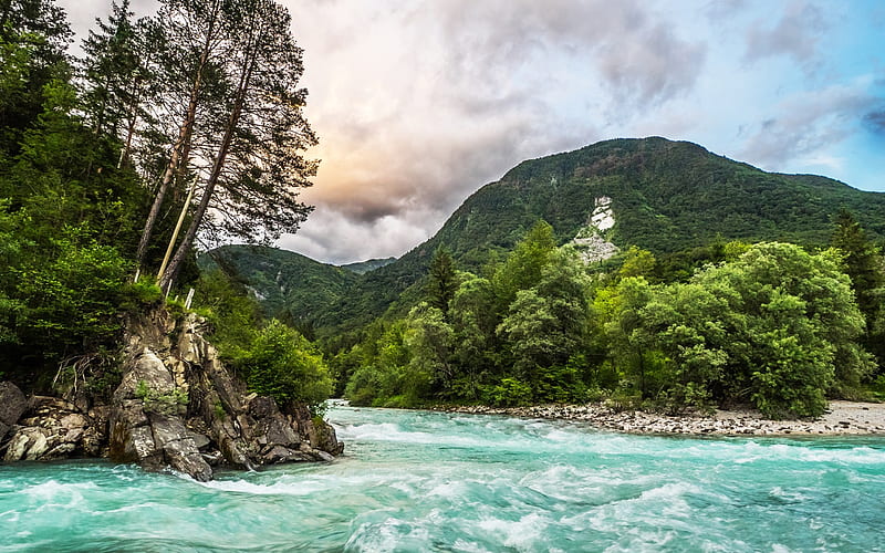 mountain landscape, forest, mountain river, mountains, Alps, Slovenia, Bovec, HD wallpaper