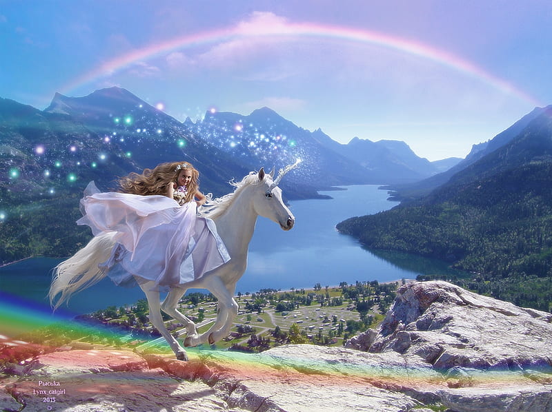 Rainbow Unicorn Promenade, little, luminos, horse, lynx-catgirl, animal, fantasy, girl, rider, copil, child, white, blue, HD wallpaper
