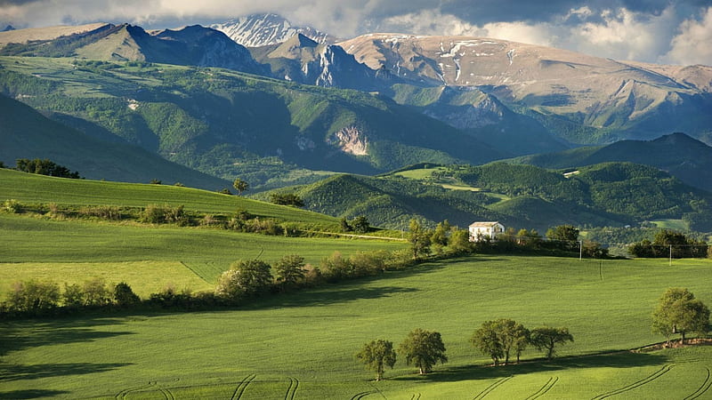 beautiful green farm, farm, hills, green, mountains, fields, HD wallpaper