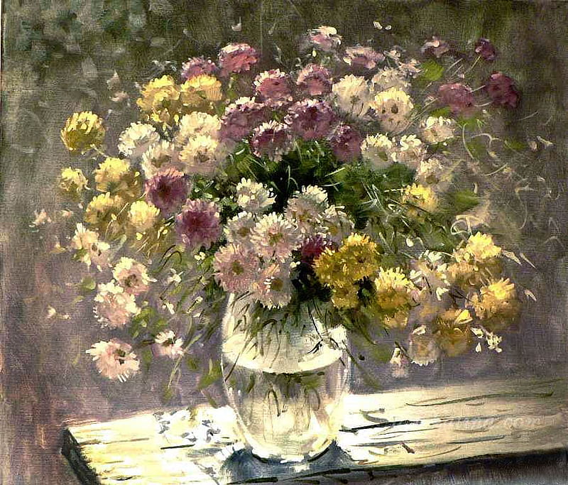 Alexander Yan. Chrysanthemums in the garden, art, painting, flower, chrysanthemums, garden, alexander yan, HD wallpaper