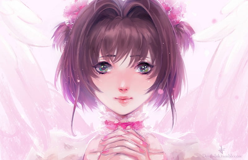 Girl, devil-ink, manga, spring, blossom, kinomoto sakura, anime, hand, flower, pink, HD wallpaper