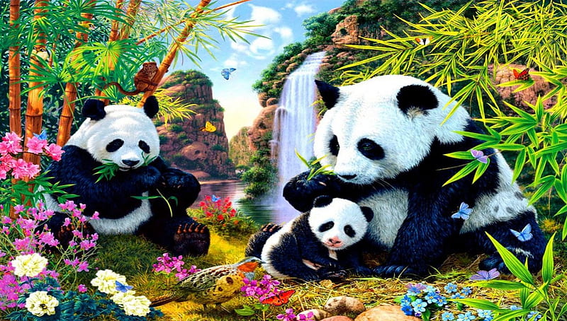 Panda Family, trees, baby, pandas, bamboo, HD wallpaper