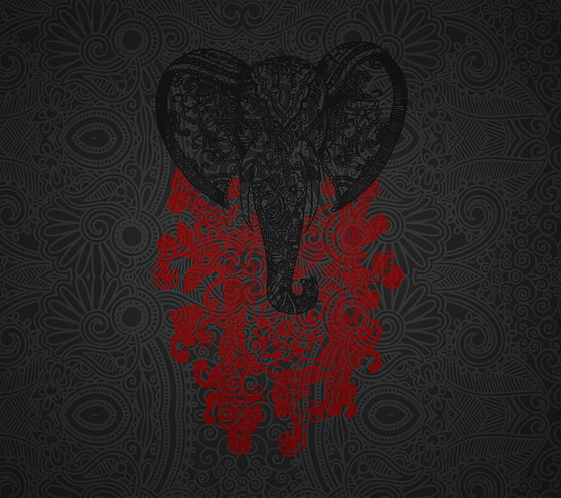 Artistic elephant, art, black, dark, desenho, indian, red, tattoo, HD wallpaper