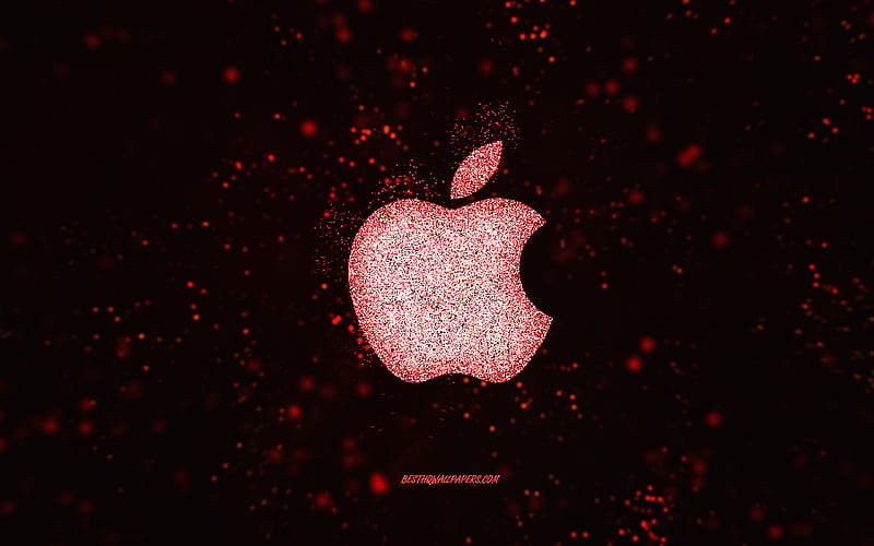 Apple glitter logo, black background, Apple logo, red glitter art, Apple, creative art, Apple red glitter logo, HD wallpaper