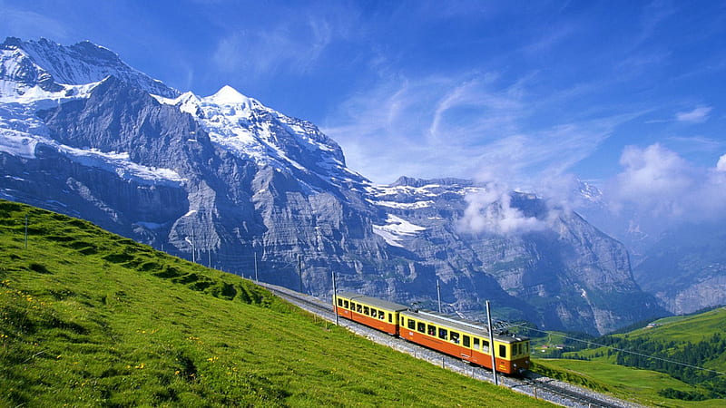 lovely train high up in the alps, train, grass, mountains, clouds, tracks, meadow, HD wallpaper
