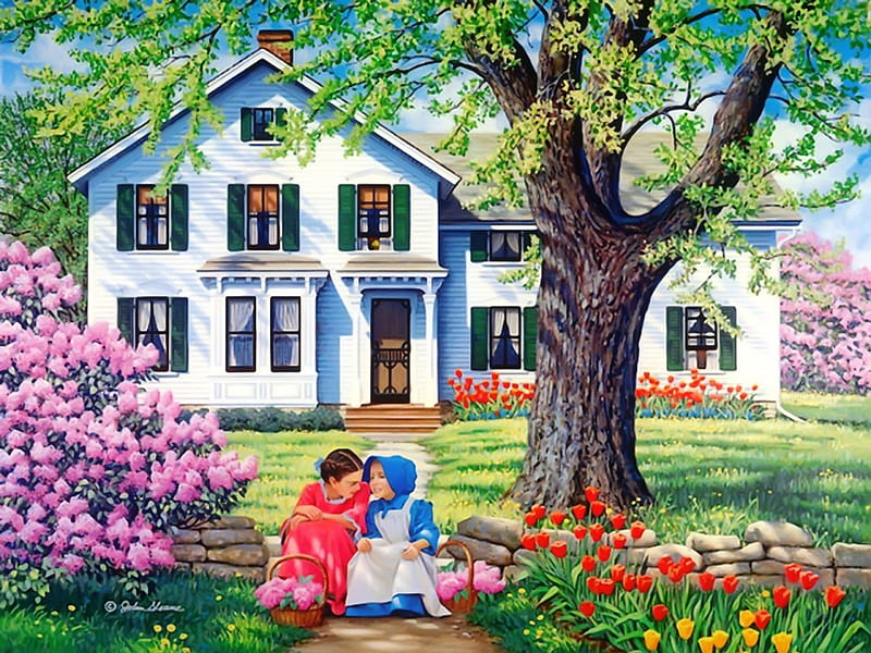 Best friends, pretty, art, house, cottage, home, spring, countryside, tree, painting, flowers, best, village, garden, tulips, girls, friends, HD wallpaper
