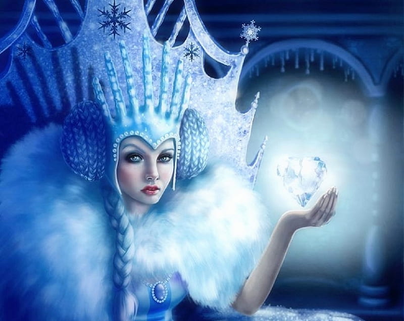 The Ice Queen, queen, love four seasons, creative pre-made, digital art, winter, castles, fantasy, manipulation, weird things people wear, ice, crown, crystal, blue, HD wallpaper