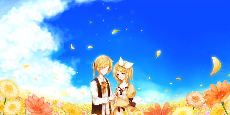 Len & Rin, vocaloid, kagamine rin, blonde hair, flower field, kagamine