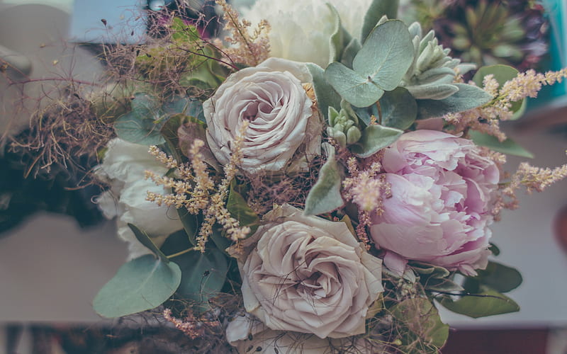 A bouquet of roses, beautiful flowers, pink roses, Peonies, dried flowers, dried roses, HD wallpaper